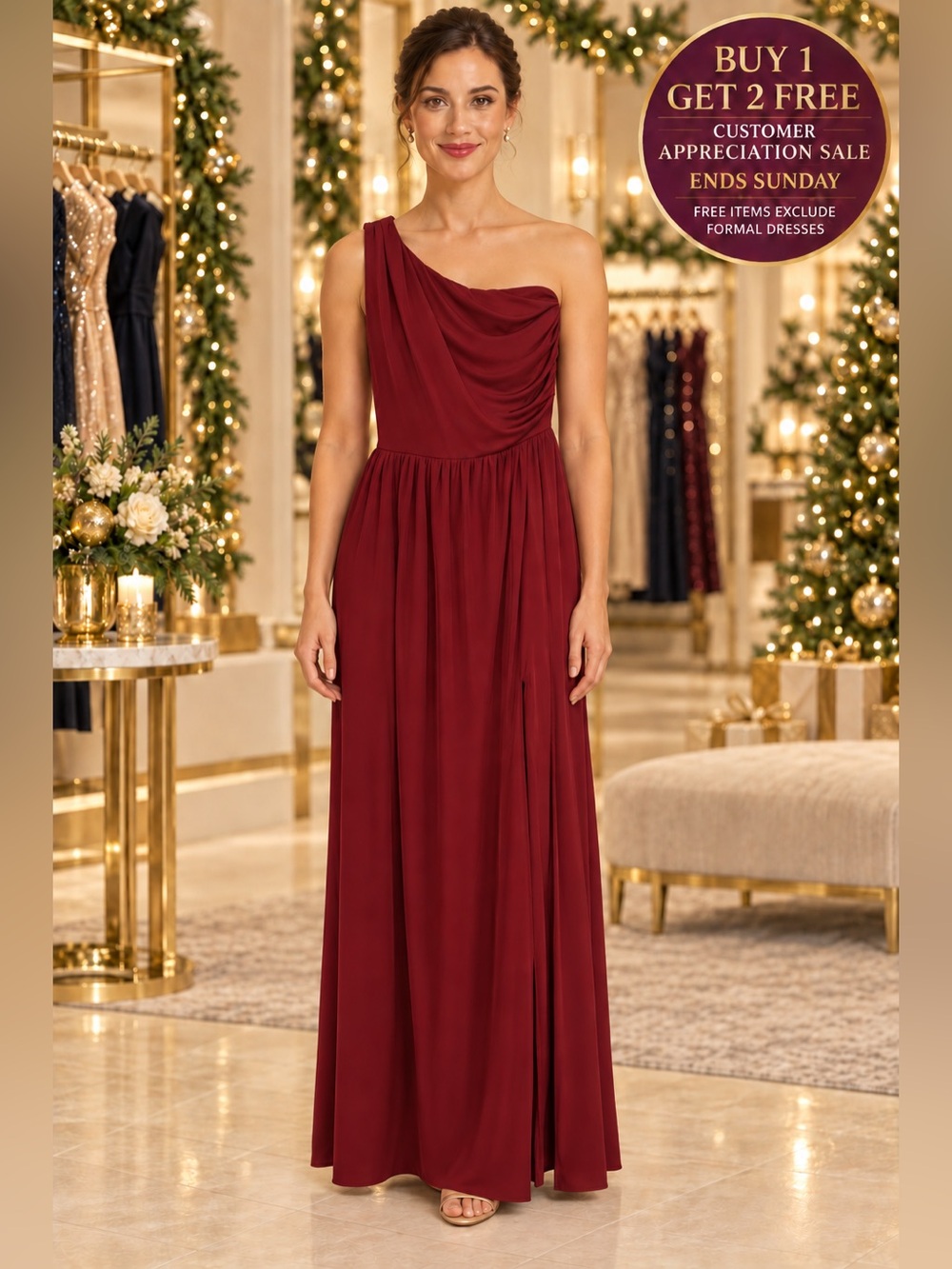 Burgundy One-Shoulder Ruched Maxi Dress Women’s M/L Formal Evening Gown